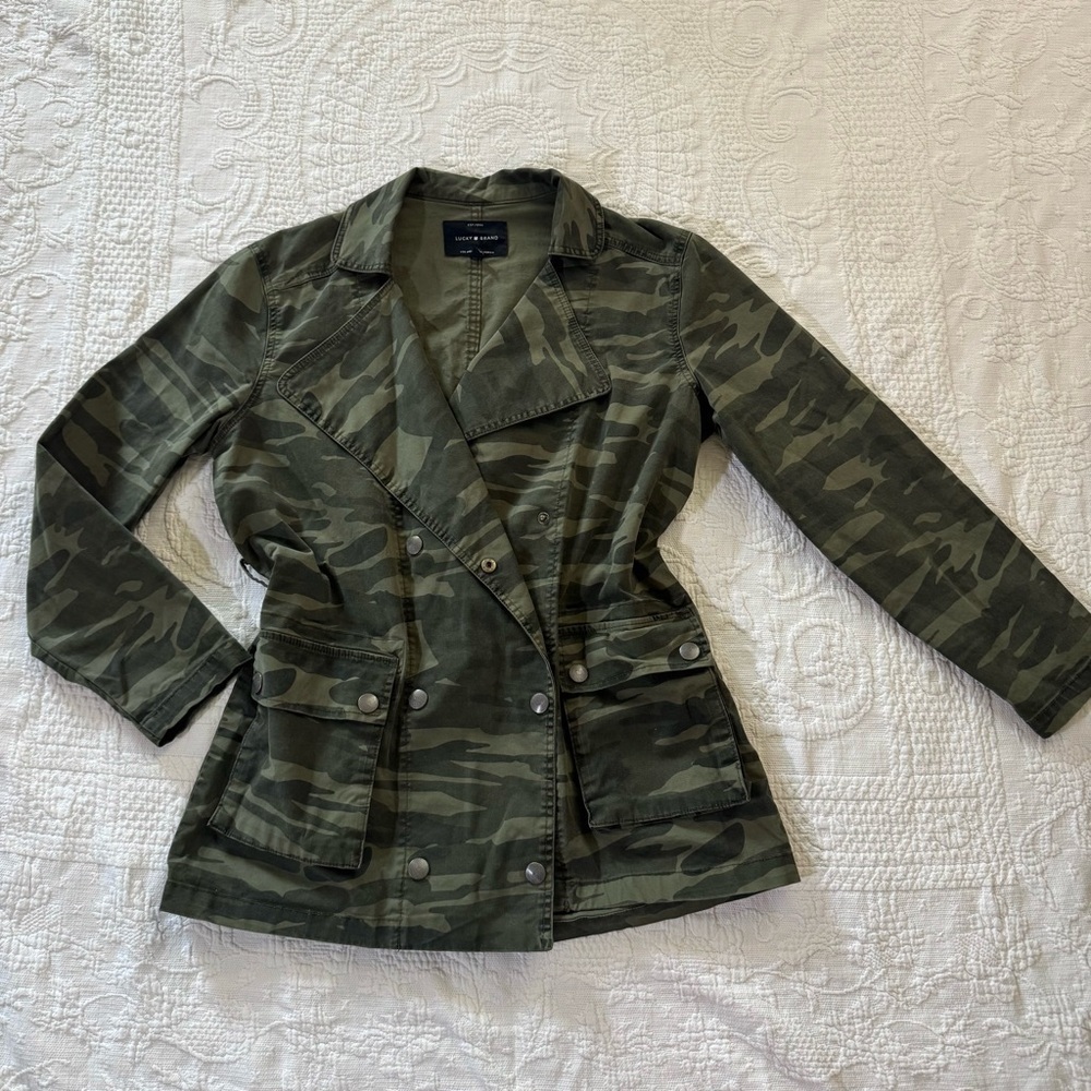 Lucky Brand Green Camo Trench Jacket Size Extra Small